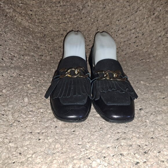 MASSIMO DUTTI-Black Nappa Leather Chain Suede Kiltie Loafers-Sz 37-Excellent - Picture 3 of 8